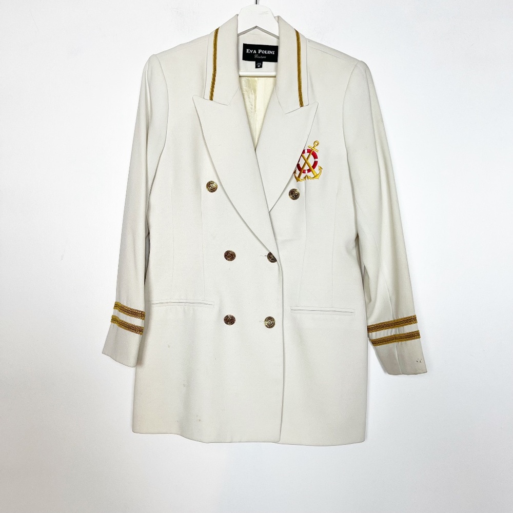 Eva Polini Couture Blazer Jacket Size 10 White Gold Crest Nautical Vintage RARE